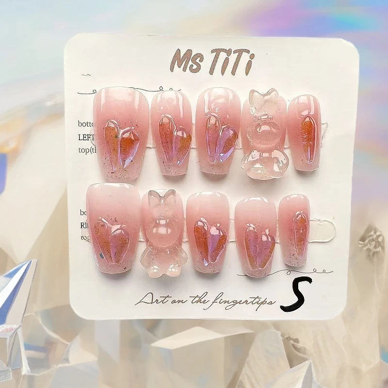 【晚安冰透熊】纯手工可爱小熊穿戴甲可爱款美甲贴反复佩戴美甲