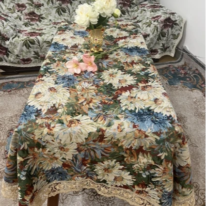 ZN107-27棉麻【160*220】彩菊水溶花边棉麻交织布桌布茶几布