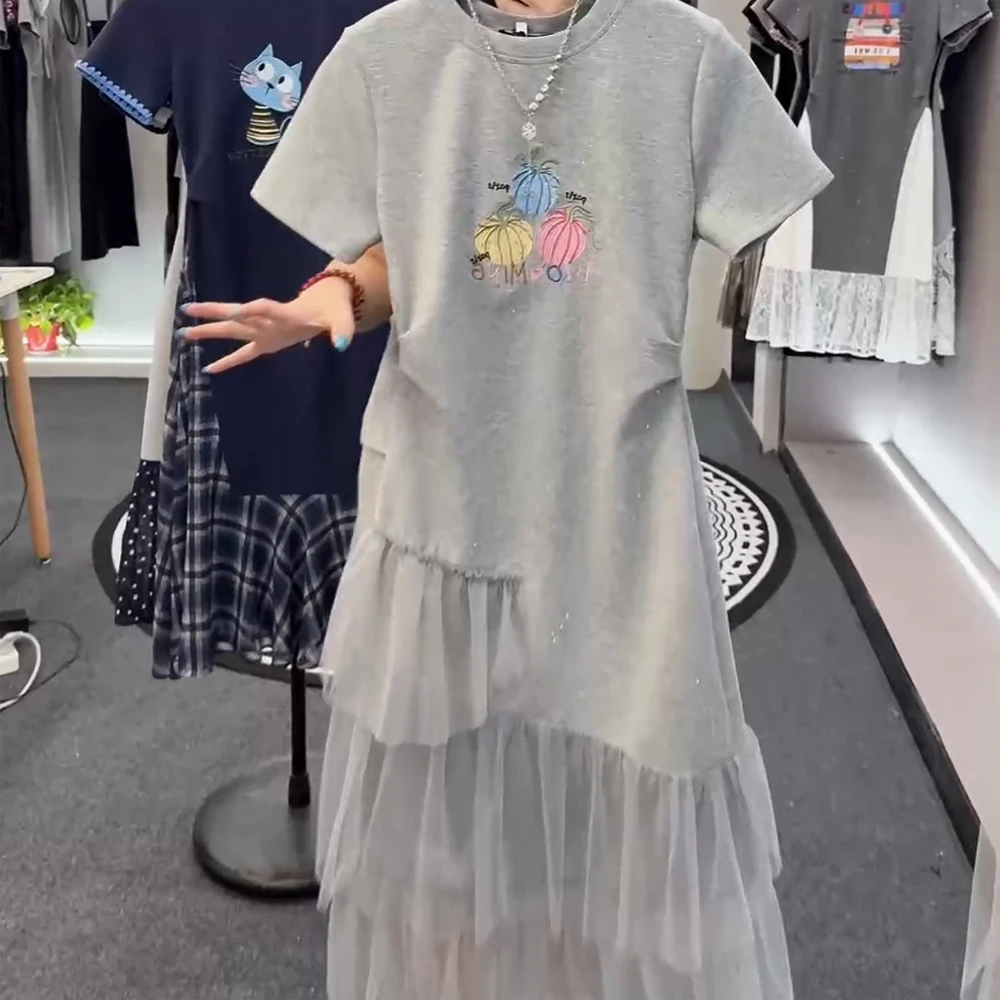 夏季显瘦时尚刺绣小南瓜拼接减龄连衣裙长裙网纱中长款裙裙子女