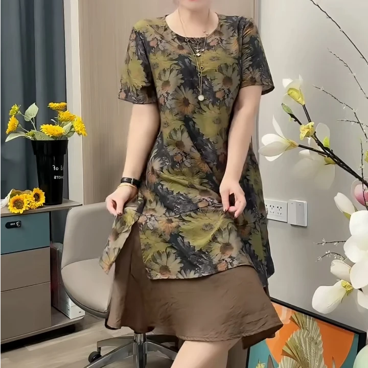 2025夏季新款时尚中年妈妈拼接假两件连衣裙气质复古国风中长款裙