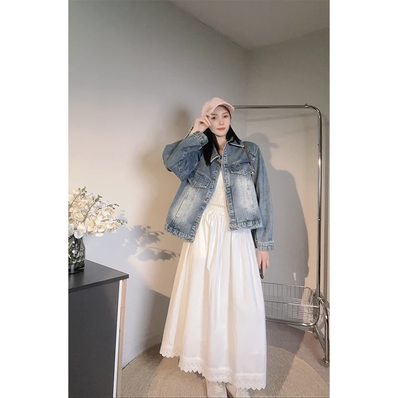 ｜徐帆女装｜ 白色蕾丝拼接半身裙女2025春季新款高腰A字裙中长裙子