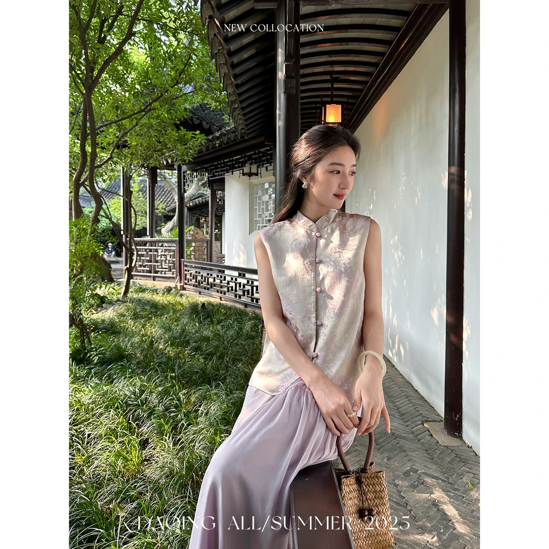 许大晴 【扬州慢 】新中式缎面提花马甲网纱半身裙套装D2827 D7409