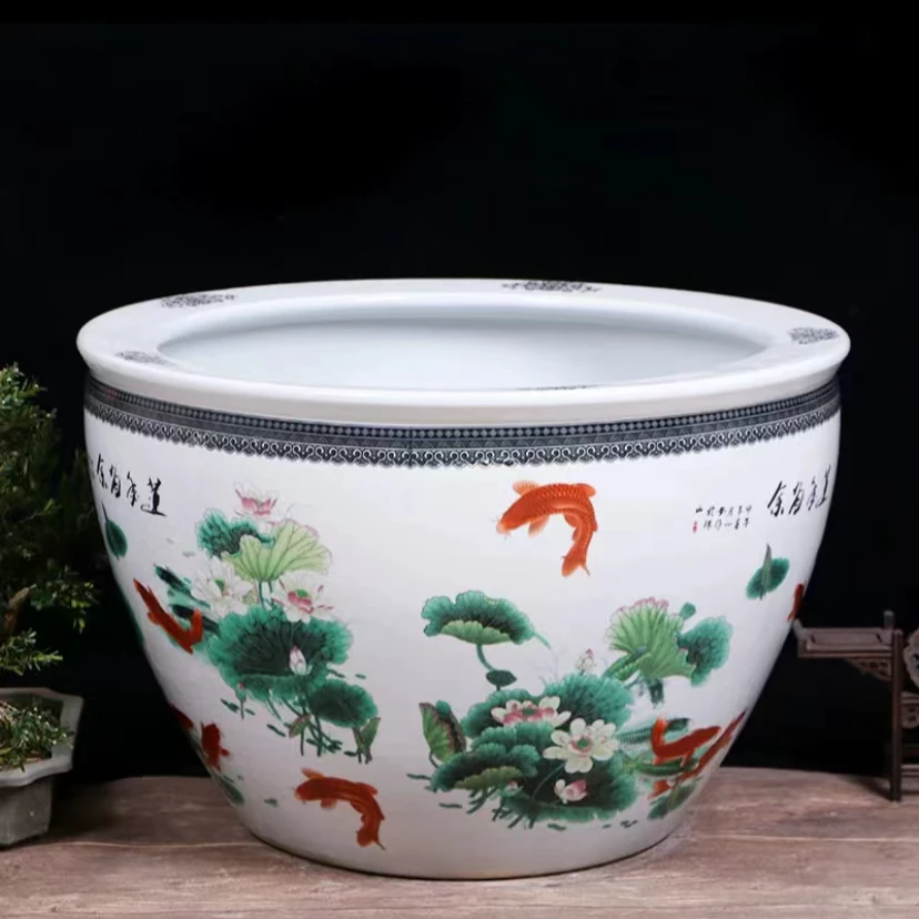 景德镇陶瓷鱼缸青花瓷缸睡莲缸大水缸家用客厅特大号酒店甲鱼缸