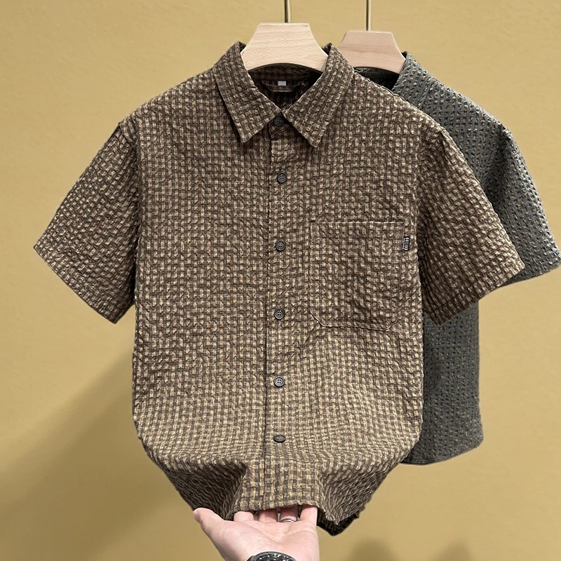 法式浮雕沙纹格泡泡纱高端格子短袖衬衫男士新款夏季痞帅休闲衬衣
