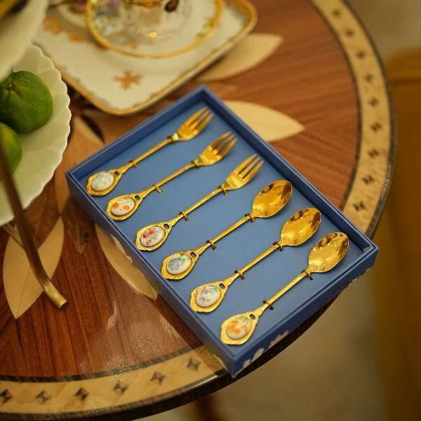 【奇居铜瓷】精致高档不锈钢配瓷甜品叉咖啡勺 三勺三叉礼盒套装#GY