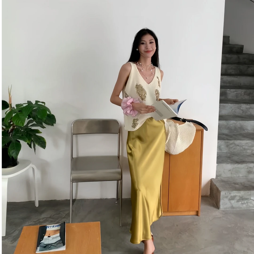 「丝滑鎏金」XY001-63气质搬显瘦休闲夏季宽松纯色设计感百搭半身裙