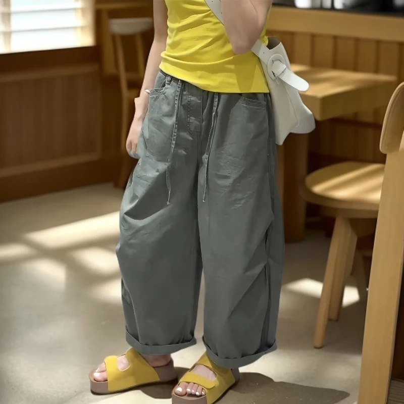 欧货松紧腰抽绳工装伞兵休闲裤女2025新款设计感褶皱九分阔腿裤潮