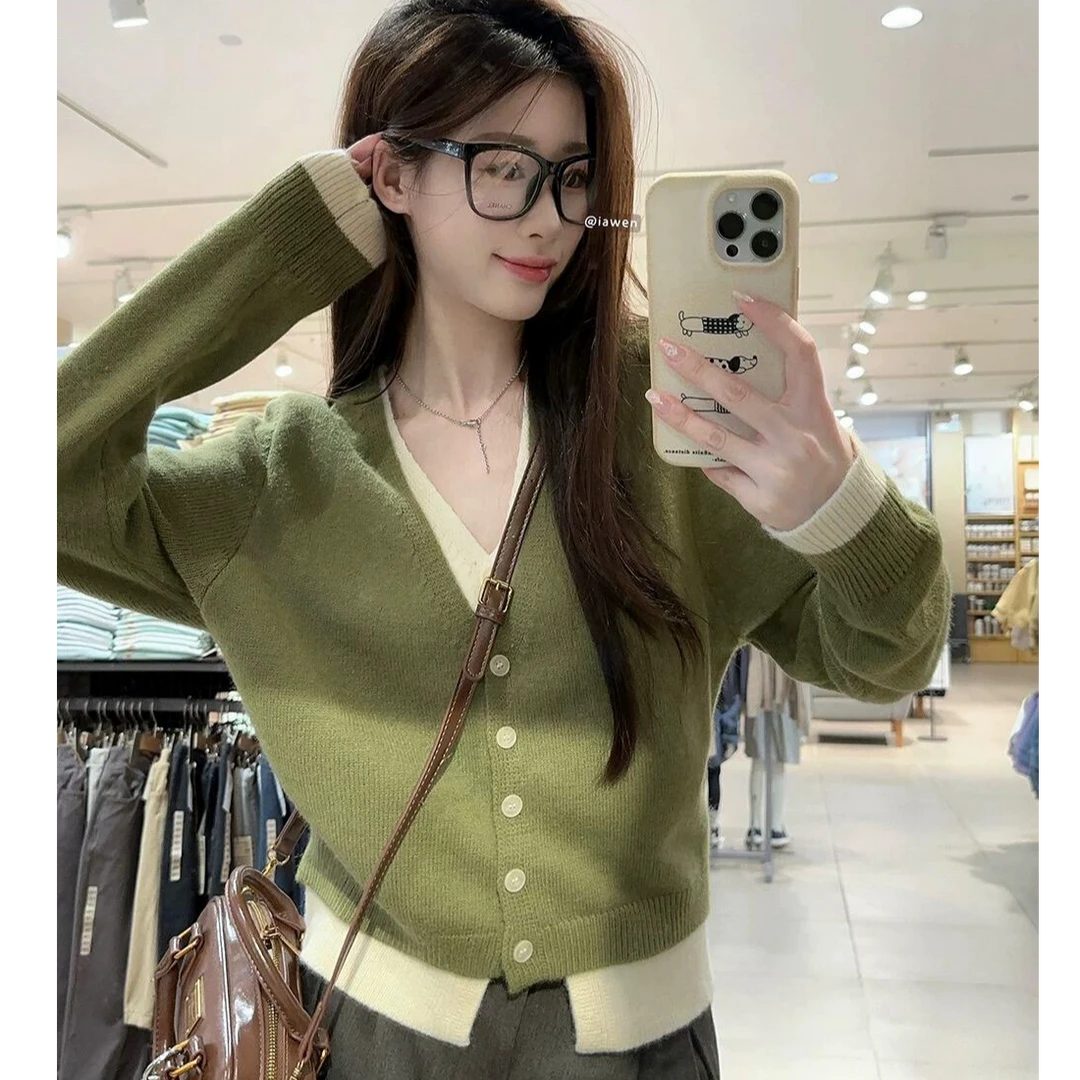 独特漂亮小衫高级感绿色假两件针织开衫秋冬慵懒风打底毛衣女上衣