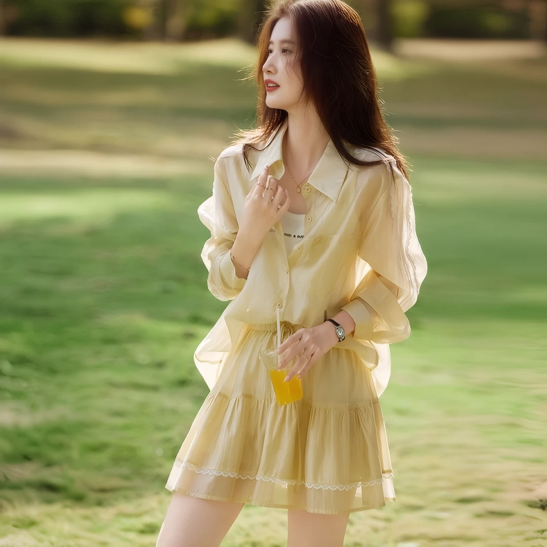 苏醒的乐园夏休闲长袖翻领衬衫宽松高腰阔腿裤短裤两件套通勤套装