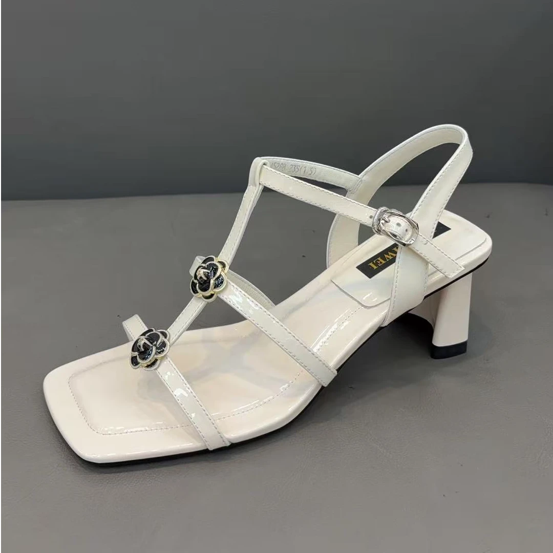 欧洲站2025夏季新款女鞋方头粗跟高跟鞋后空一字带凉鞋