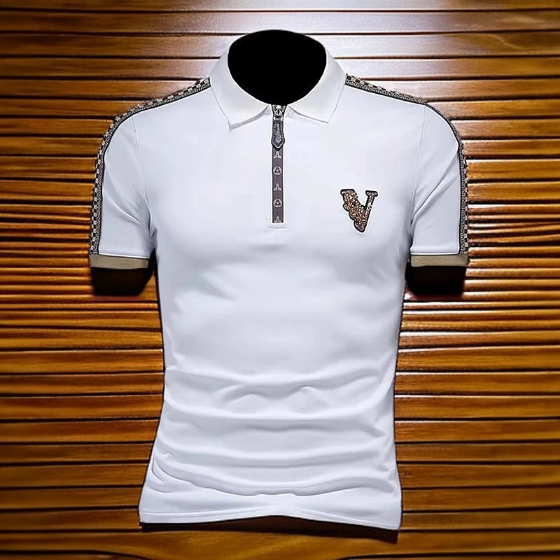 达咔特利亮片印花短袖T恤春夏新款男士大码翻领修身潮牌时尚百搭