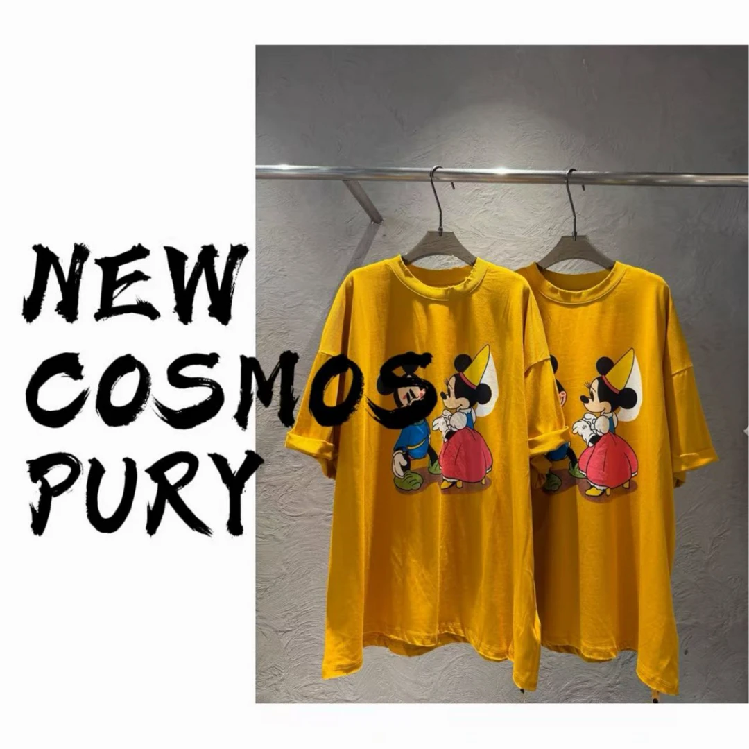 【NEW COSMOS】27011复古童话米奇米妮印花姜黄色大版T恤