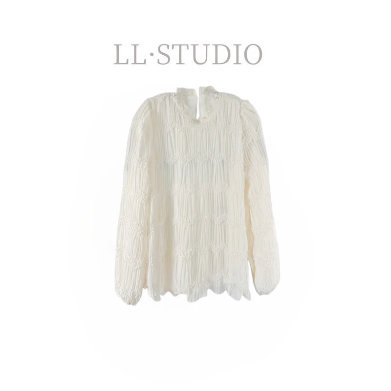 妙兮·LL春季新款时尚法式甜美气质减龄蕾丝领压褶上衣*20250155