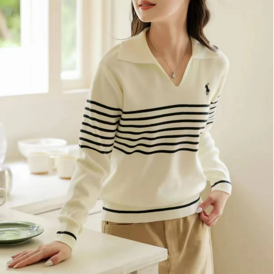 A03法式条纹polo领毛衣针织衫2025秋季新款软糯套头百搭上衣