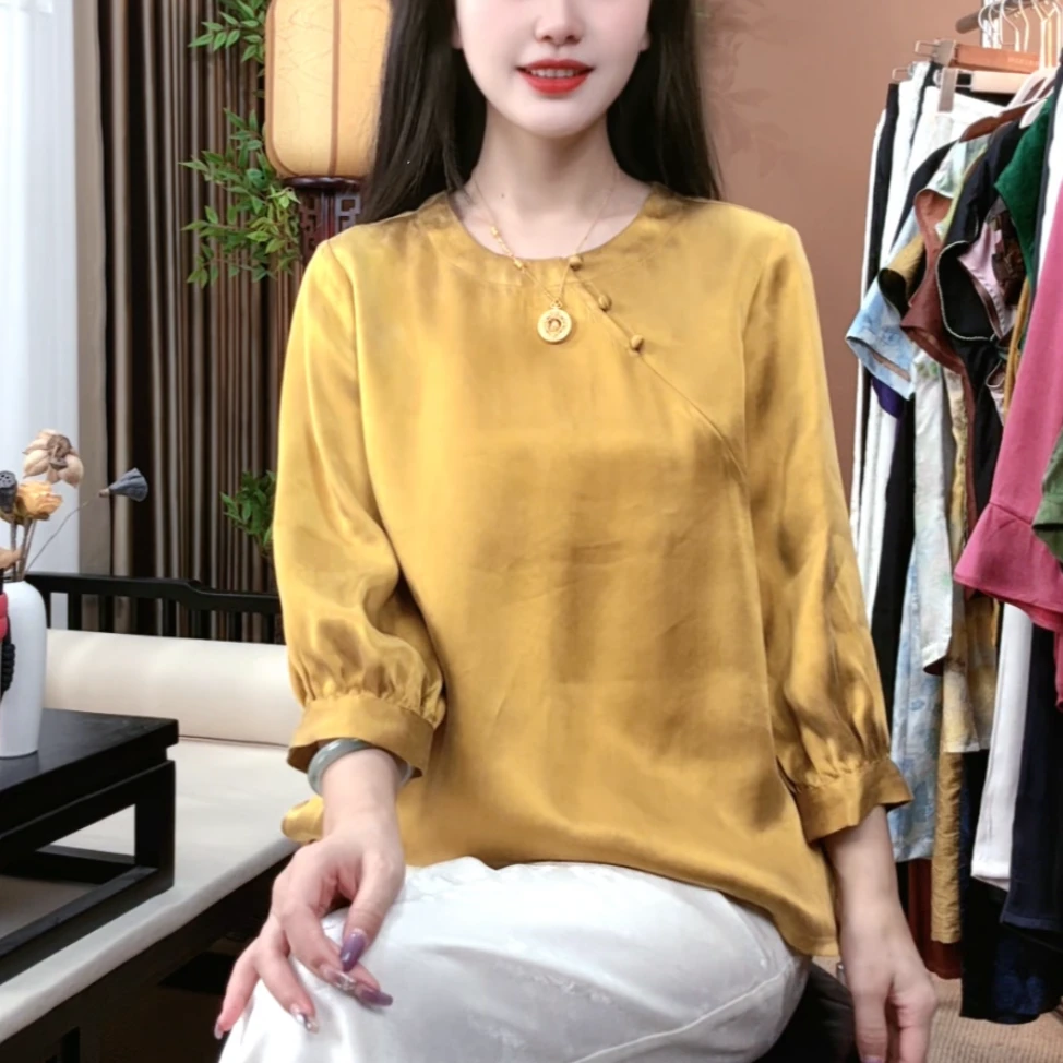 2025早秋新款100%桑蚕丝时尚上衣圆领盘扣透气百搭国风外套女S345