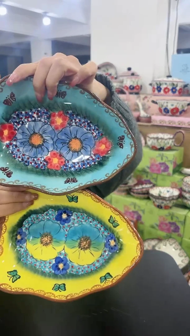 【闪购商品】瓷琉璃黄蓝-树叶盘2个