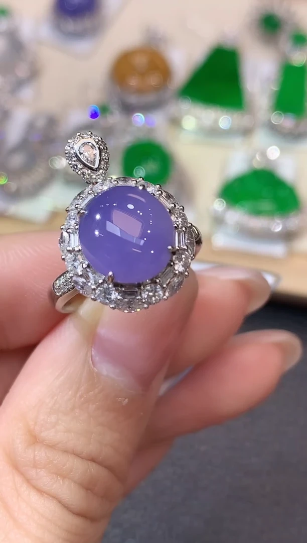 18K金镶嵌戒指翡翠涵**货A48 紫货有一定色差