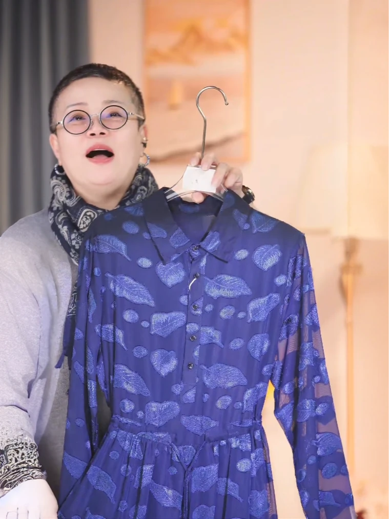 457 【蓝色万针刺秀菩提叶】高级连衣裙气质春夏季百搭显瘦