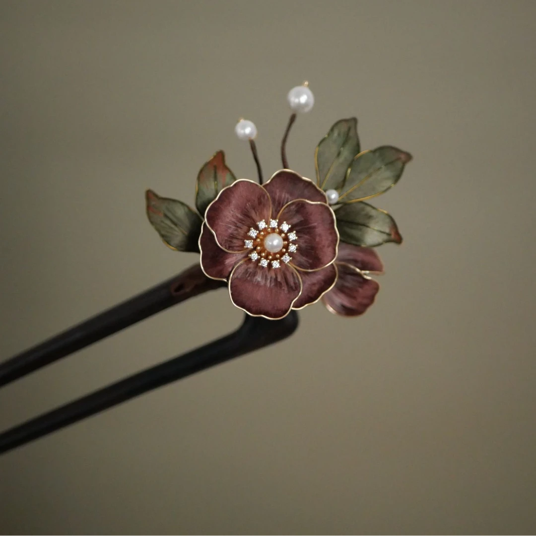 褐知余安-檀褐色虞美人掐丝绒花书黑檀木大双直簪-古风簪子手工