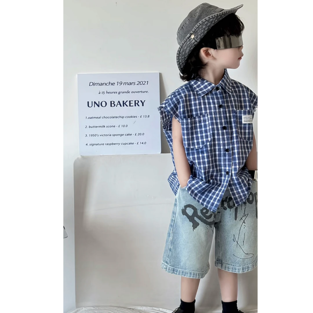 男童洋气格子衬衫2025新款儿童夏季韩版衬衣夏款个性五分短裤套装