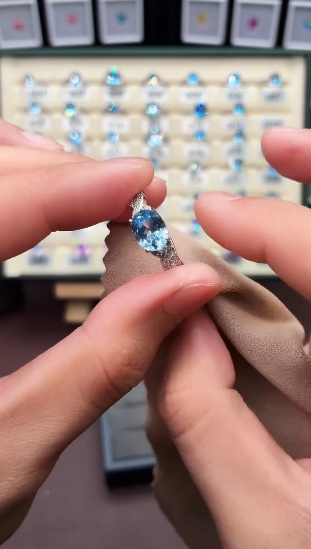 银S925镶嵌戒圈海蓝宝石222