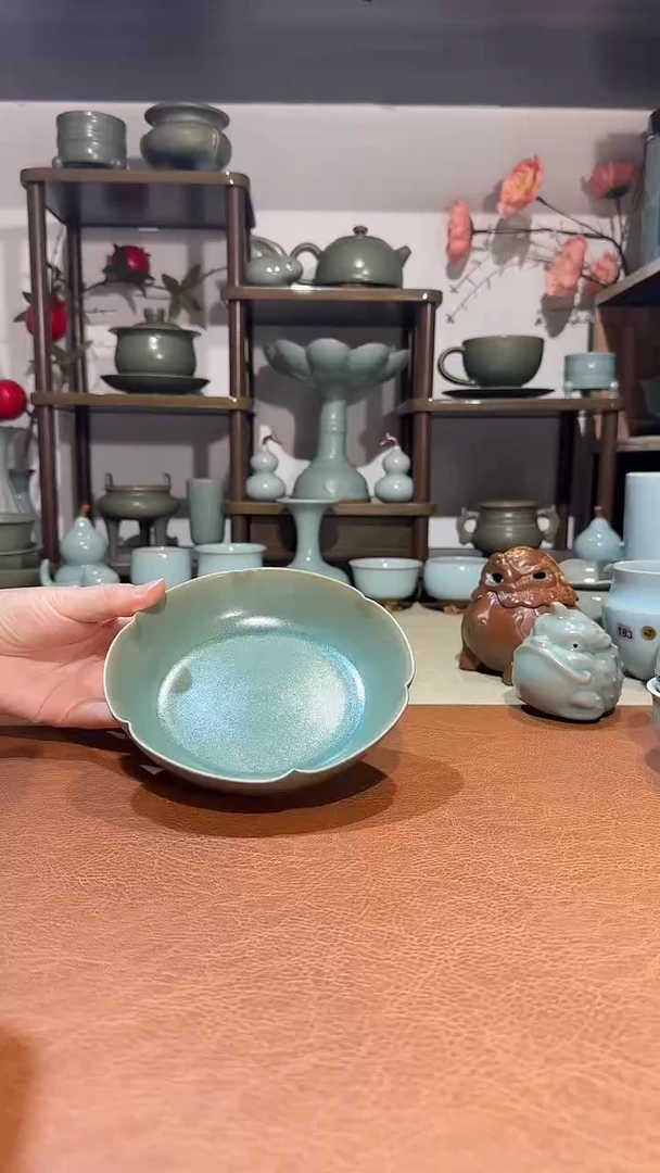 摆件瓷纯柴烧 全手花口洗 笔洗壶承果盘碗托 青绿釉
