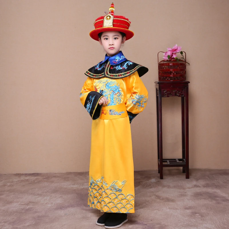 儿童古装清朝皇帝演出服男孩龙袍女童皇后宝宝宫廷影楼走秀角色服