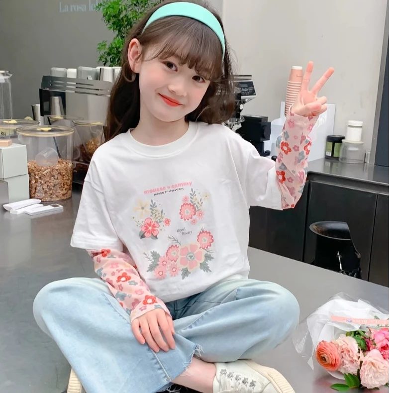 女童短袖t恤2025夏季新款中大童长袖假两件拼接防晒袖洋气上衣潮