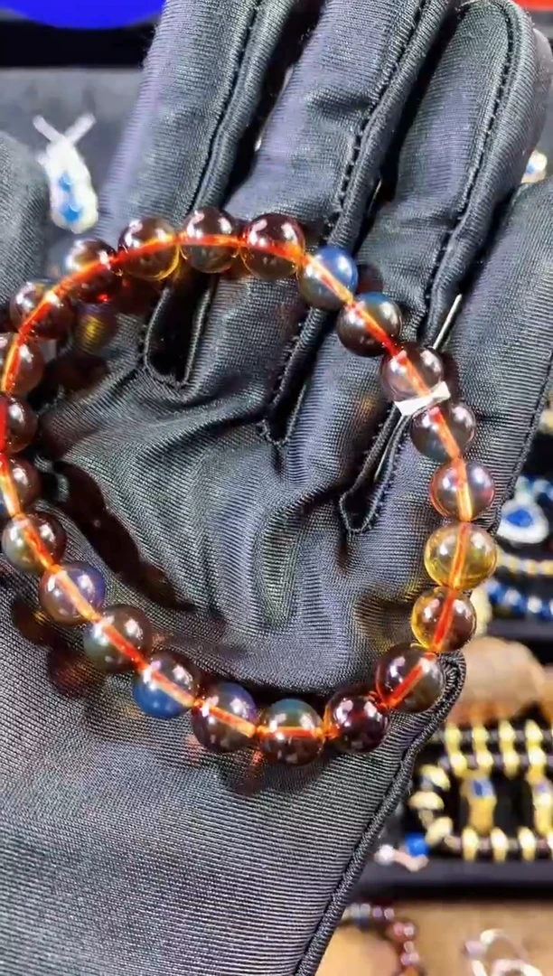 【闪购商品】琥珀珠宝奇石未镶嵌8MM红蓝绿膜变色龙手串