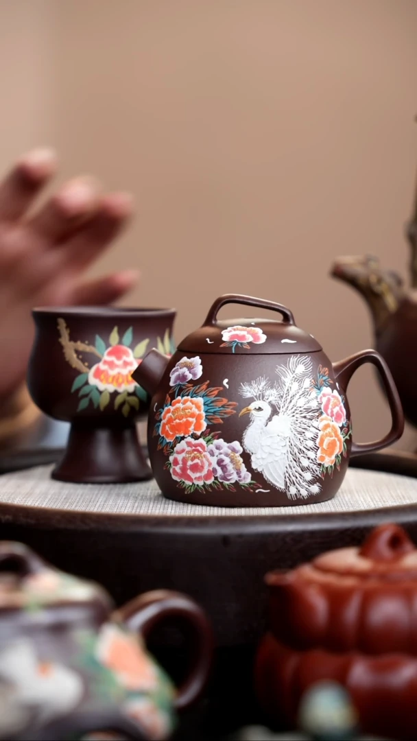 茶壶紫砂紫泥几何秦权泥绘白凤+杯007