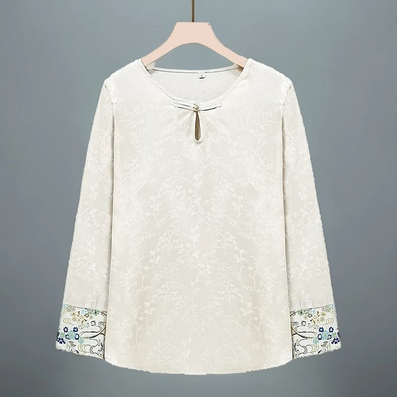 夏款春季新款潮流国风绣花妈妈上衣中式盘扣时尚修身长袖T恤上衫