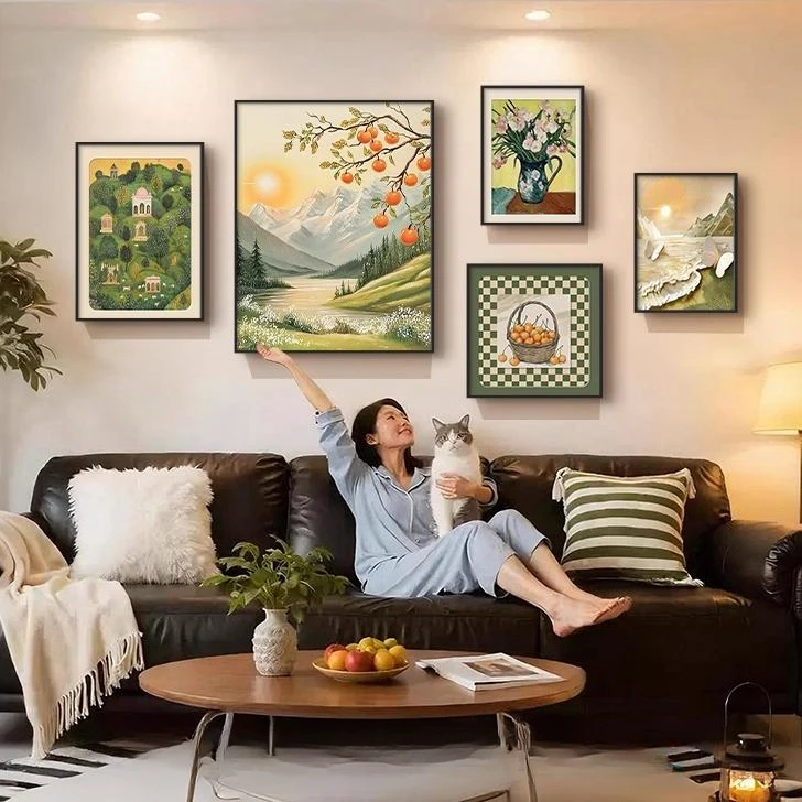 柿柿如意客厅装饰画日照金山沙发背景墙挂画寓意好简约组合壁画