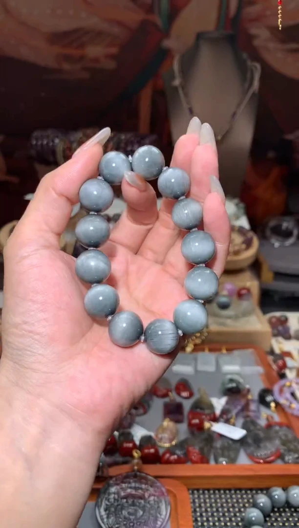 未镶嵌珠宝半成品水晶蓝灰兔毛手串15mm