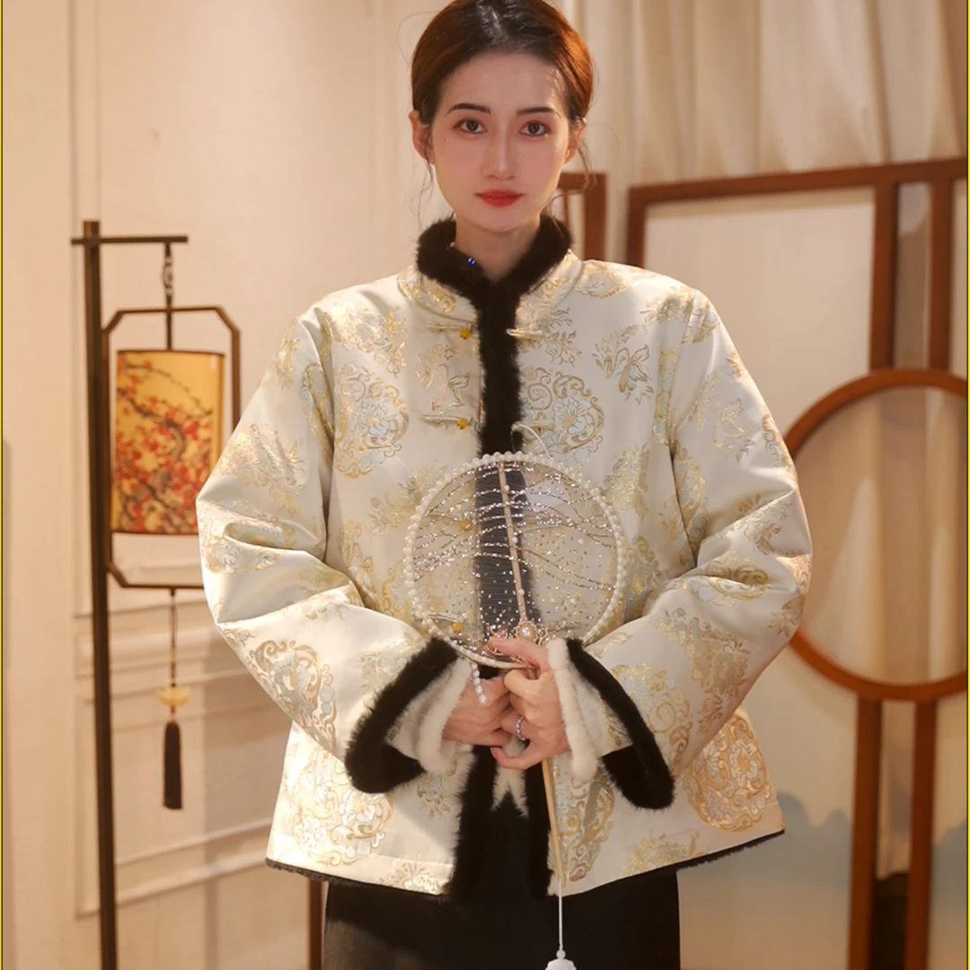 逢月缕金｜新中式国风立领保暖棉服水貂外套2025早秋新款外套-5557