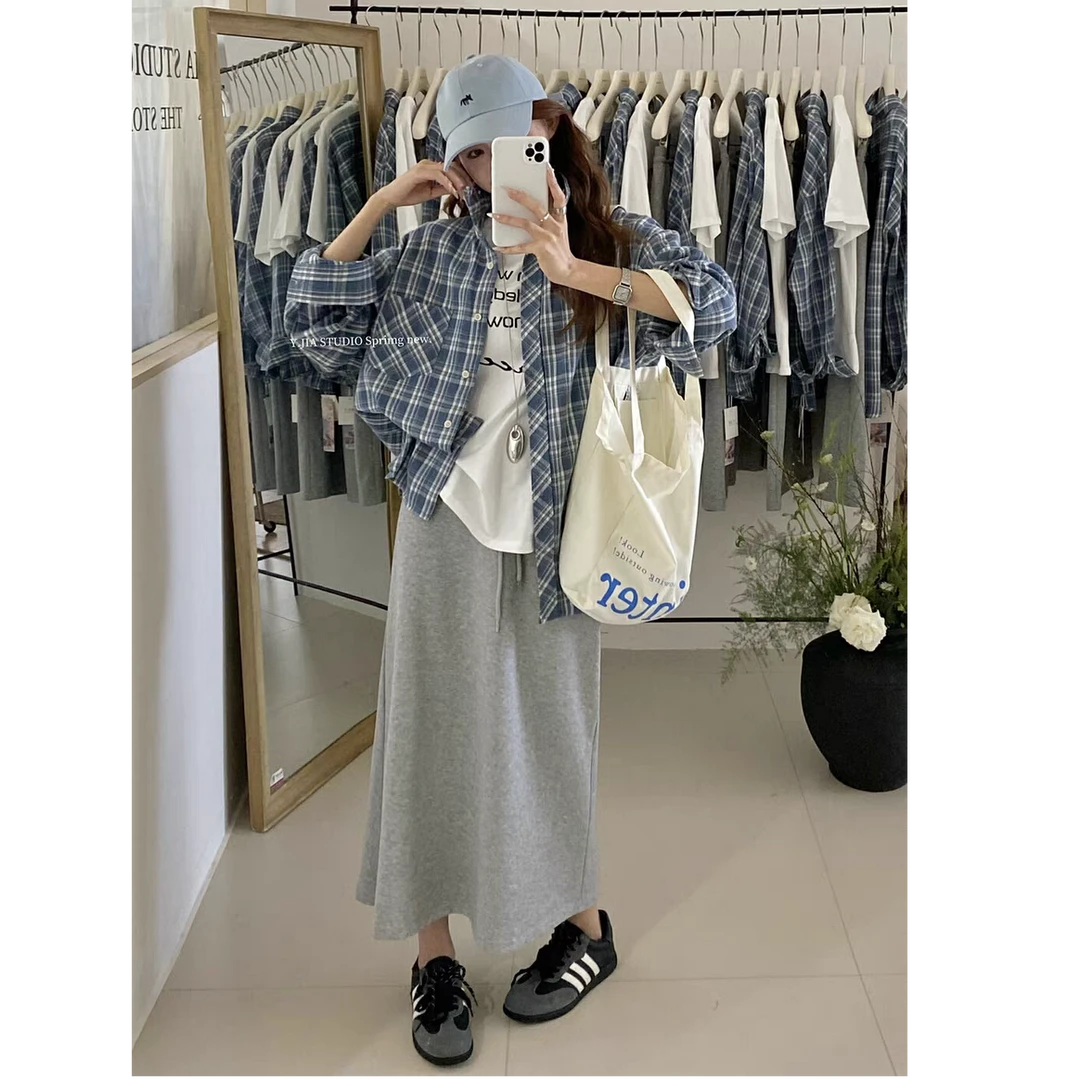 韩系休闲简约字母t恤宽松格子衬衫显瘦高腰半身裙春季三件套装女