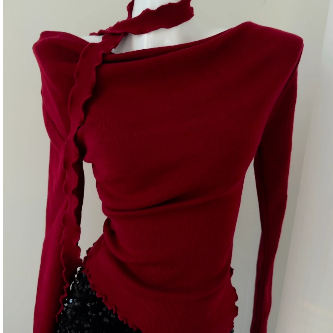 荡领荷叶边一字肩飘带甜美辣妹红色打底衫