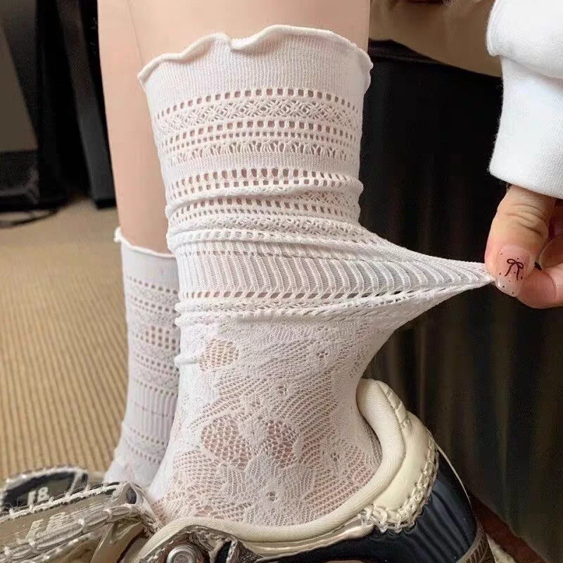 白色袜子女2025春夏秋蕾丝镂空木耳边棉袜百搭日系网眼透气中筒袜