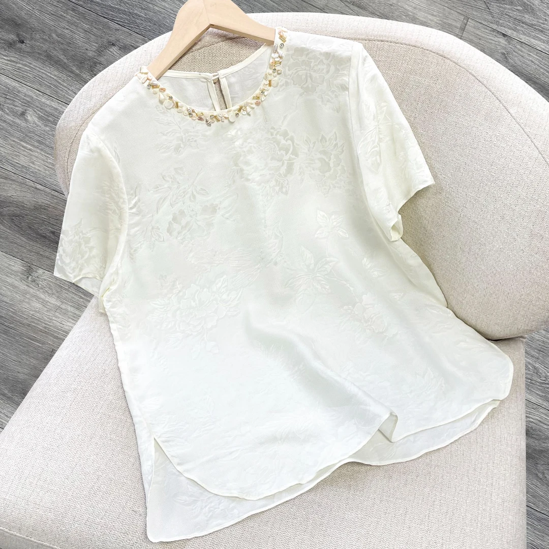 【真丝花萝】精致高级感上衣2025春夏款气质钉珠领口南油打底衫短袖