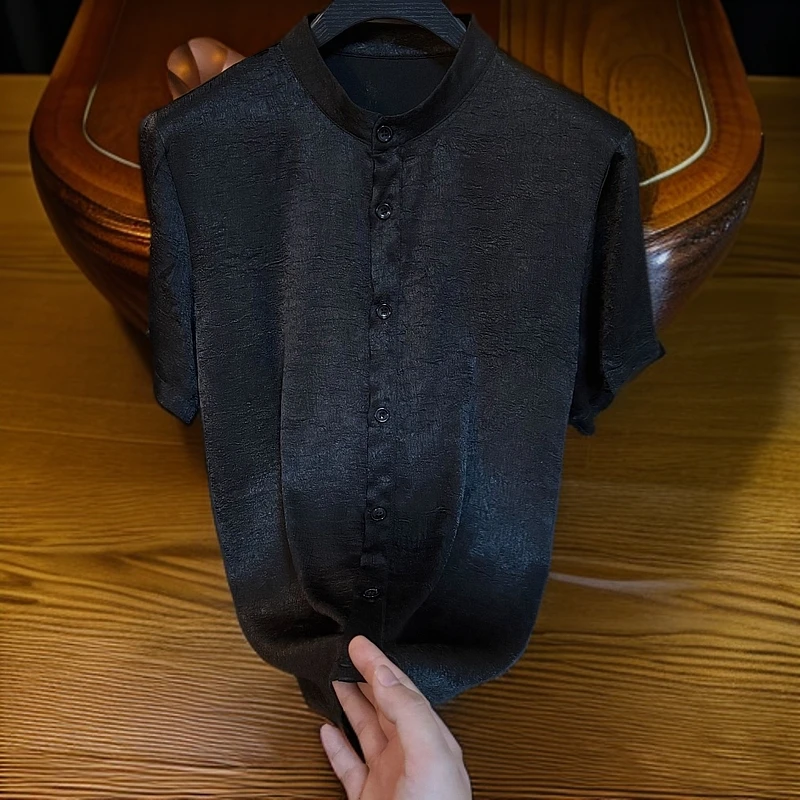 【AZENG】设计师同款春夏新款短袖衬衫男士时尚休闲百搭夏季黑色