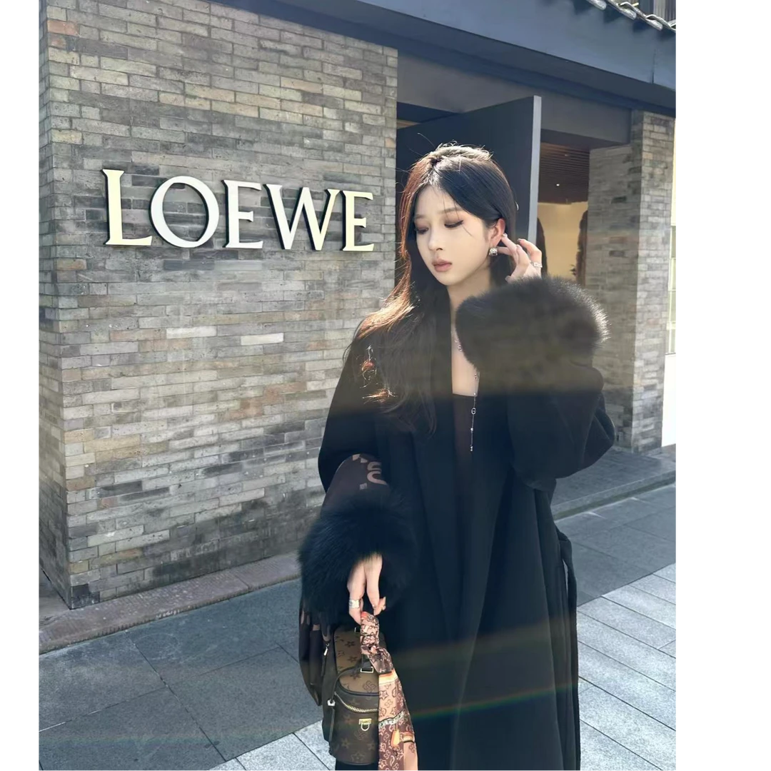 可拆卸袖口毛双面绒毛呢外套外套中长款显瘦赫本风高级感呢子大衣