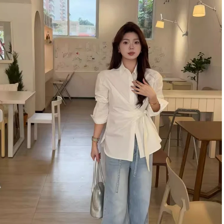 法式轻奢POLO领绑带纽扣衬衫2025夏季衬衣不规则小众气质百搭上衣