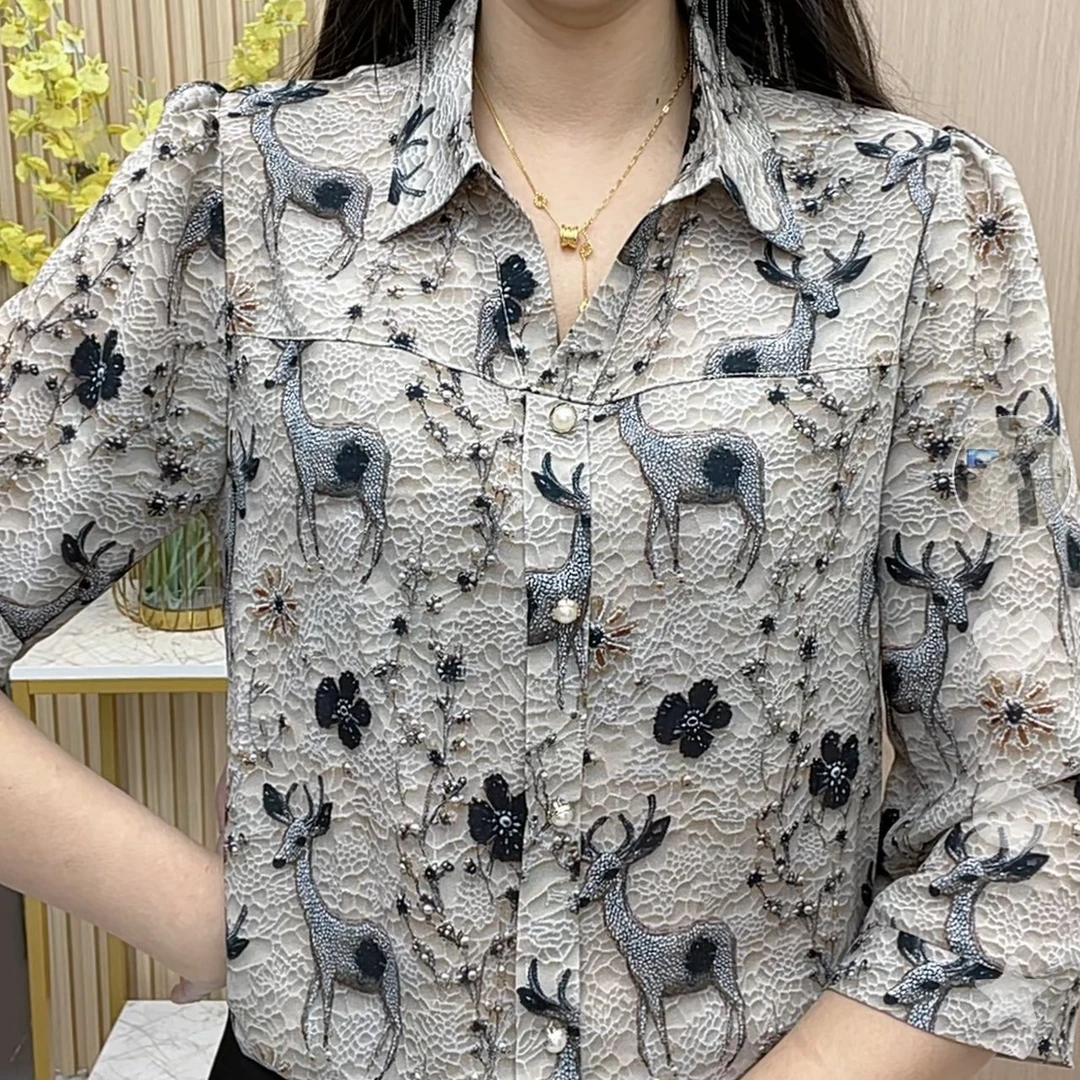 新中式妈妈时尚衬衫印花2025新款洋气夏季减龄小衫宽松中老年上衣