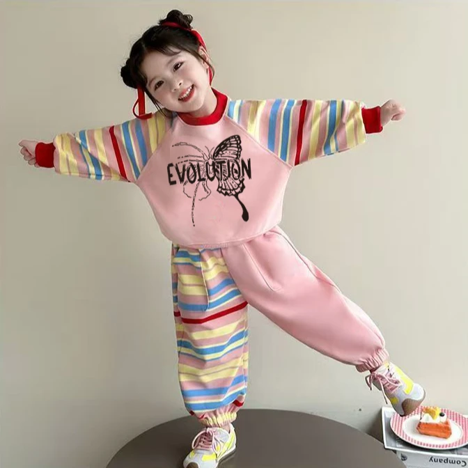 儿童蝴蝶印花卫衣套装秋季新款中小宝宝休闲运动两件套春秋女童装