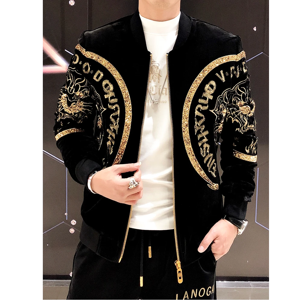 富比莫维夹克男加厚重工艺老虎头亮片刺绣潮牌帅气加棉金丝绒外套