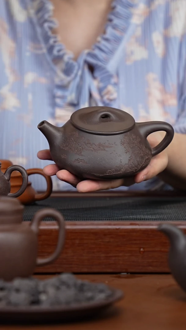 茶壶紫砂天青刻绘景舟石瓢