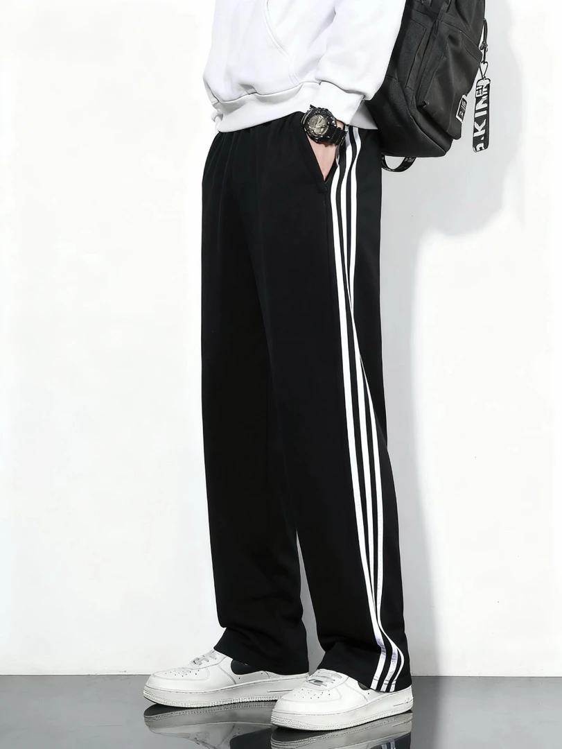 三杠条纹棉料运动裤耐磨吸湿排汗百搭宽松遮肉直筒束脚休闲裤子