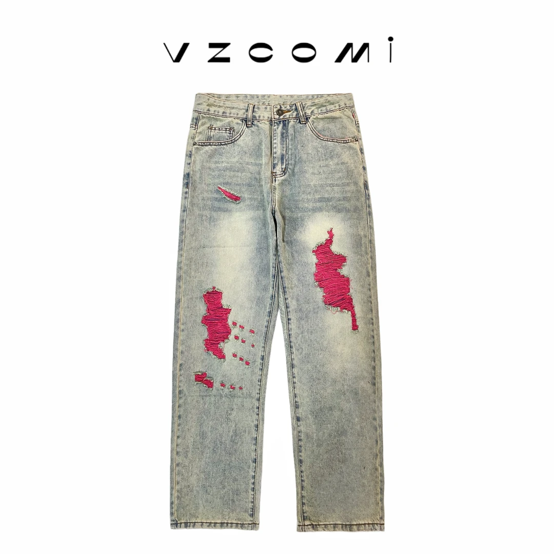 高端美式巴黎风闪电牛仔裤闪电破洞潮流牛仔裤夏季男宽松休闲百搭