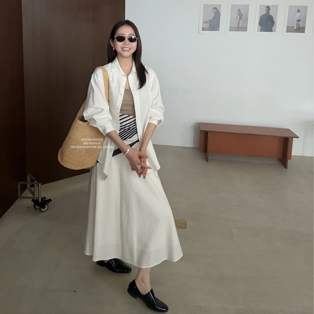 widelia陈姬儿夏季韩系气质奶油色长袖衬衫+半身伞裙两件套装7278