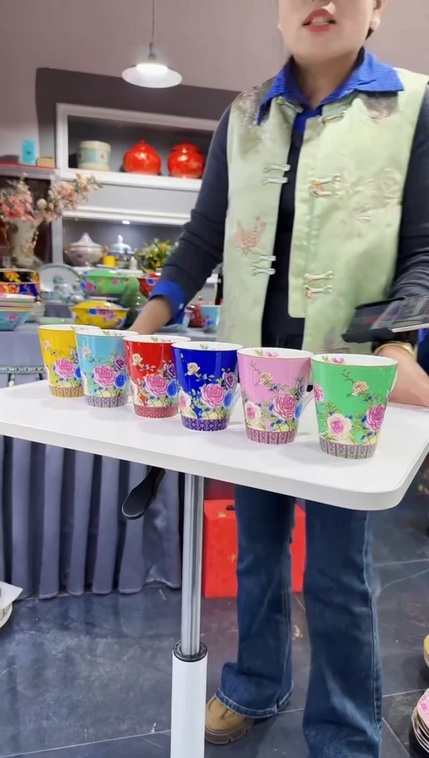 珐琅 牡丹花卉杯子6只装景德镇陶瓷