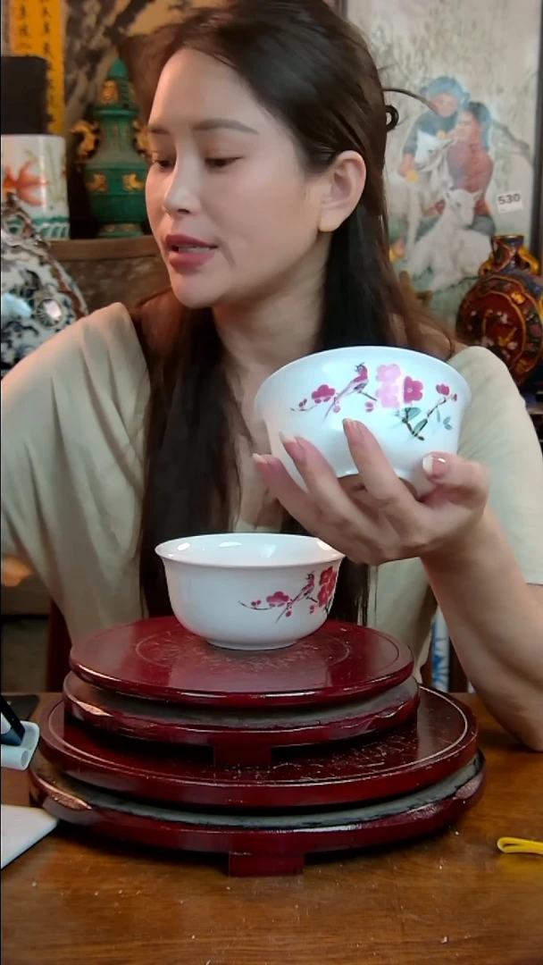 摆件景德镇陶瓷红梅对碗